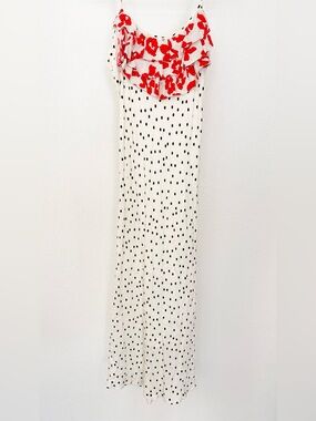 RIXO White Maxi Dress with Black Polka Dots and Red Floral Ruffle